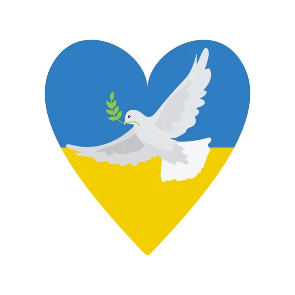 白い背景に隔離された平和の鳩と心の形でウクライナのカラフルな旗。ベクトル — ストックベクタ