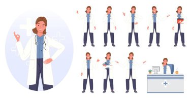 Kadın doktor farklı poz verdi. Hijyenik üniformalı bir grup profesyonel tıp çalışanı. Kadın doktor karakteri kuyrukta bekliyor. Vektör illüstrasyonu
