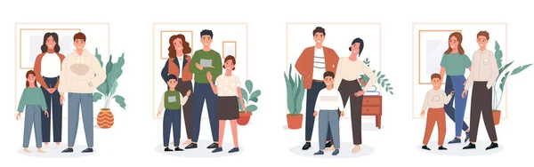 Feliz conceito de família. Pai, mãe e filho ficam em casa e passam algum tempo juntos. Ilustração vetorial em estilo plano —  Vetores de Stock