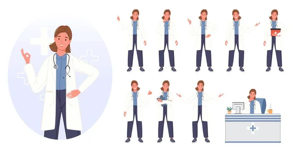 Female doctor set in different pose. Group of medical professional workers in sanitary uniform. Woman physician character standing in line. Vector illustration Stock Illustration