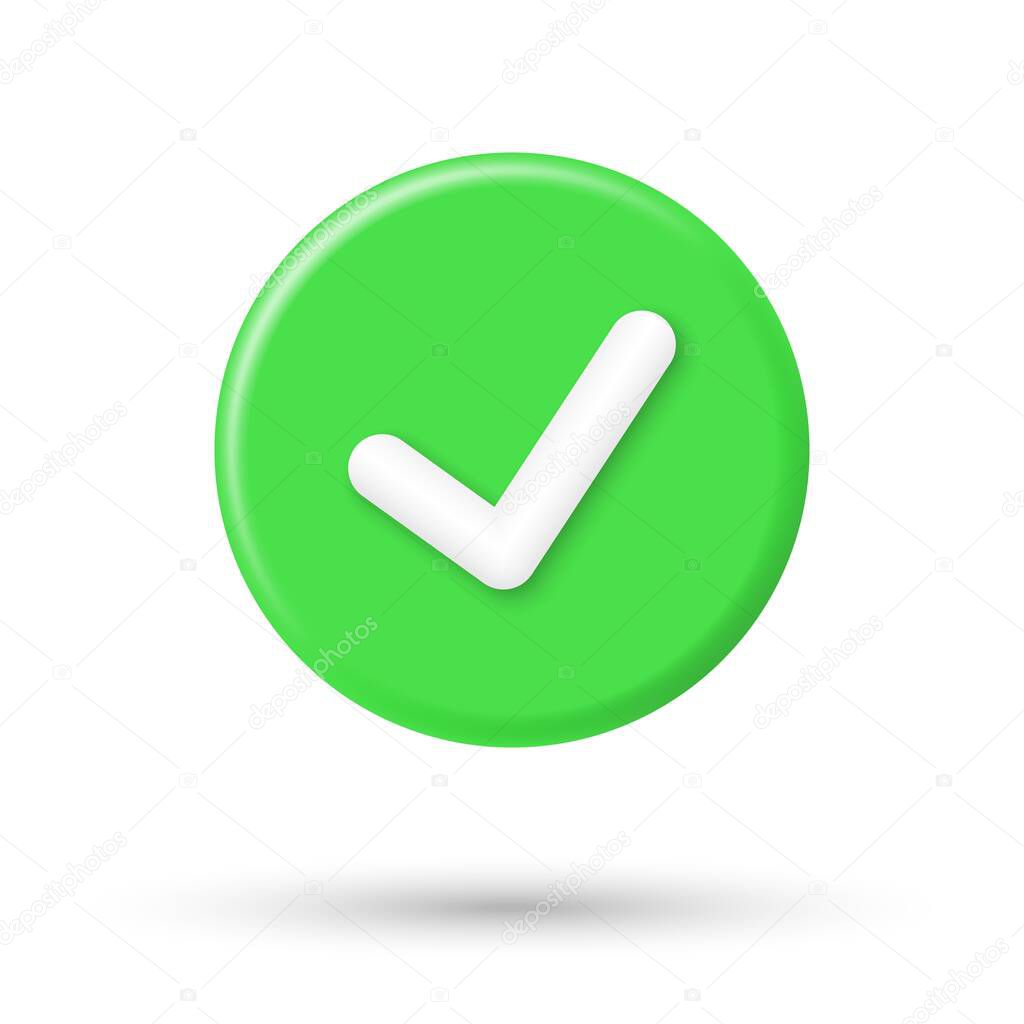 Realistic check mark green 3d icon. Right checkmark round button isolated on white background. Vector like symbol illustration