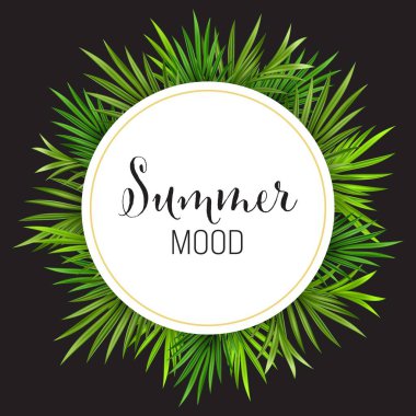 Beyaz ve siyah arkaplanda tropik palmiye yaprağı var. Yuvarlak çerçeveli gerçekçi yeşil yaz partisi bitki afişi. Vektör illüstrasyonu