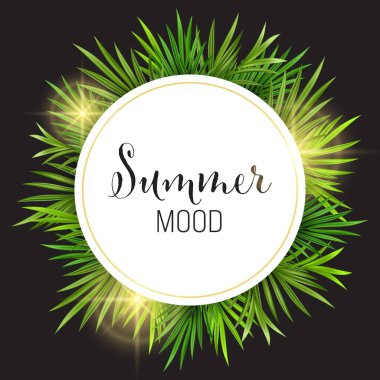 Beyaz yuvarlak çerçeve ve siyah arkaplanda izole edilmiş gerçekçi tropikal palmiye yaprağı. Yeşil yaz partisi bitki afişi. Vektör davet illüstrasyonu