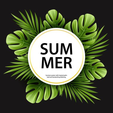 Siyah arka planda izole edilmiş tropik palmiye yaprağı beyaz yuvarlak çerçeve. Gerçekçi yeşil yaz bitkisi. Vektör metin şablonu çizimi