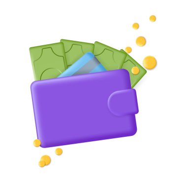 Purse money wallet 3d icon with credit card, coins and paper green dollars. Creative financial violet wallet isolated on white. Vector payment pocket illustration