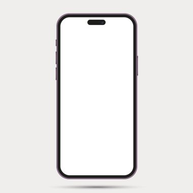 Realistic front view smartphone mockup. Mobile phone purple frame with blank white display isolated on background. Vector telephone device template
