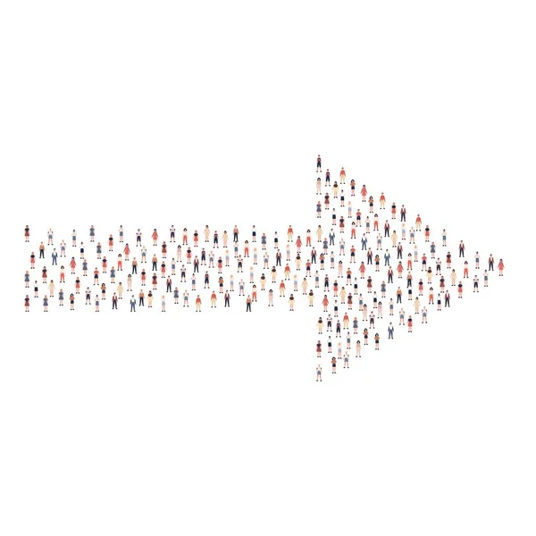 白い背景に隔離された矢印の正しい方向の形で一緒に混雑した人々の異なるシルエットの大規模なグループ ベクターイラスト — ストックベクタ