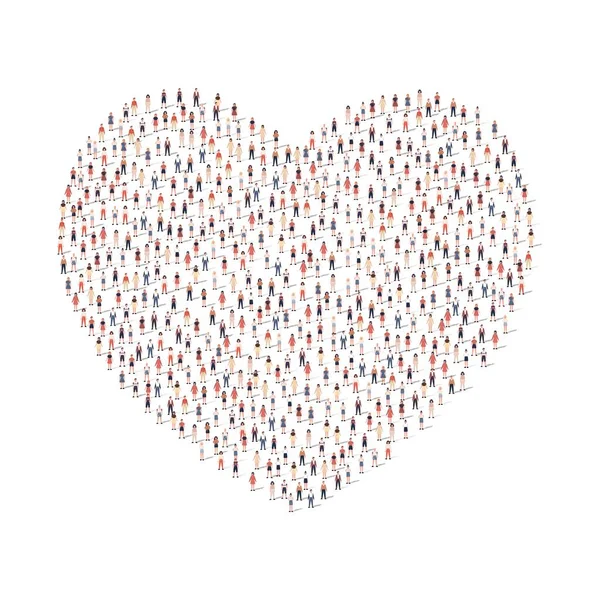 Large Group People Different Silhouette Crowded Together Heart Shape Isolated — Stock Vector