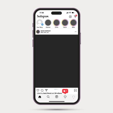 Kyiv, UKRAINE - 15 Ekim 2022: iPhone 14 Pro Max Deep Purple renk Instagram şablonu. Beyaz arka planda izole edilmiş akıllı telefon düzeneği. Vektör illüstrasyonu