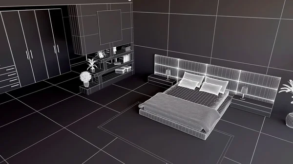 3D візуалізація спальні в каркасі — стокове фото