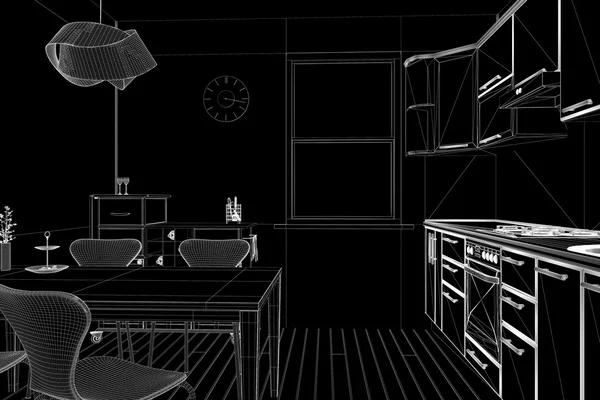 Renderização 3D de uma cozinha em vista wireframe — Fotografia de Stock