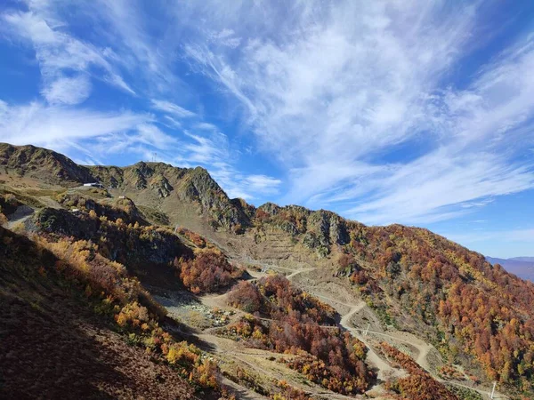 A road in the mountains winding through the trees under a blue sky on a sunny autumn day