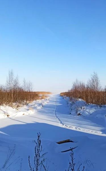 Frozen Boat Launch Lake Ladoga Sunny Winter Day Footprints Snow — Stock fotografie