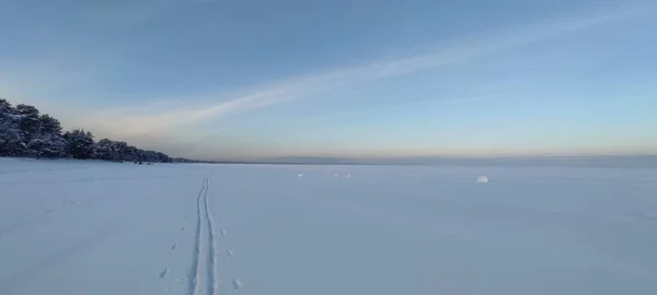 Skiing Snow Covered Ice Winter Lake — Stock fotografie
