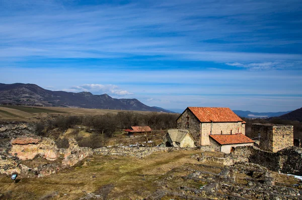 Dmanisi sioni basiliek en de ruïnes van de middeleeuwse vesting. Stockfoto