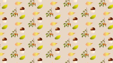 autumn pattern, mushrooms, rose hub and leaf maple wallpaper for fabric and background