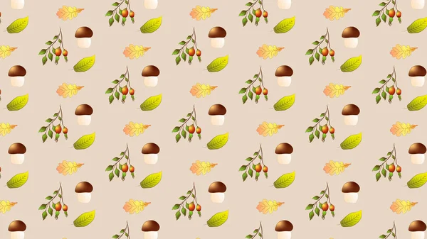 autumn pattern, mushrooms, rose hub and leaf maple wallpaper for fabric and background