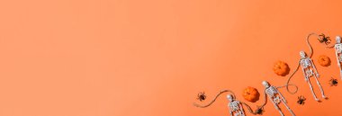 Cadılar Bayramı afişi, iskeletler ve turuncu arka planda balkabakları. Düz düzen, üst görünüm, kopyalanacak bir yer.