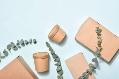 Mavi arka planda karton paketler ve okaliptüs dalları. Sıfır kayıp. Yemek teslimatı.