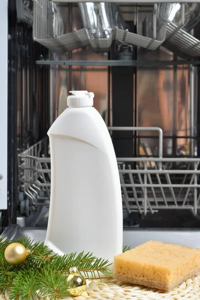 White Plastic Bottle Detergent Christmas Decor Background Dishwasher Washing Dishes — Stock Photo, Image