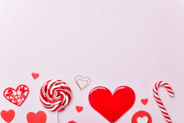 Valentine Day Card Banner Festive Lollipops Gift Hearts Pink Background — Stock Photo, Image
