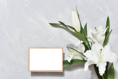 Şablon, içi boş bir kağıt ve üzerinde nilüfer çiçekleri olan gri bir arkaplanda yazı için boşluk olan bir zarftır..