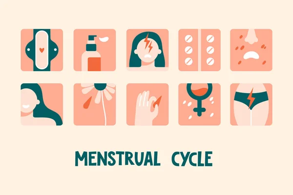 Unangenehme Symptome Von Dysmenorrhoe Auf Buntem Hintergrund Mit Menstruationszyklus Schriftzug lizenzfreie Stockillustrationen