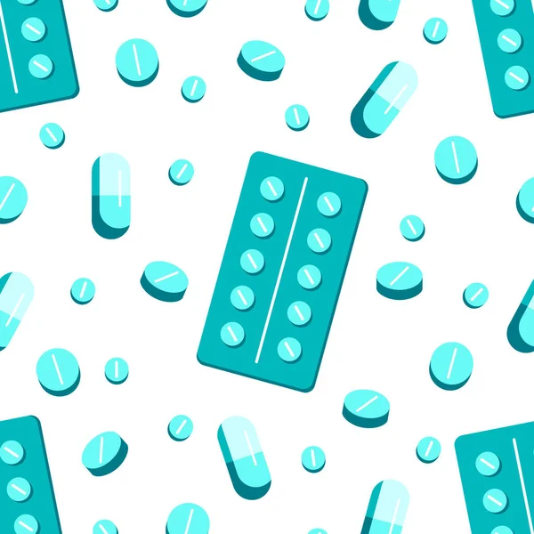 Verschillende Blauwe Pillen Drugs Naadloos Patroon Wit Platte Cartoon Vector — Stockvector