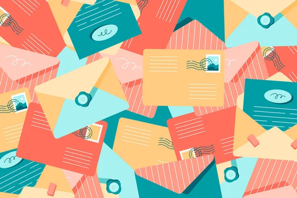 Pile Enveloppes Colorées Différentes Fond Vectoriel Plat Style Dessin Animé — Image vectorielle