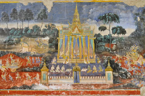 Ramayana Frescoes gamle malerier på slottets vegger, Phnom Penh, Kambodsja . – stockfoto