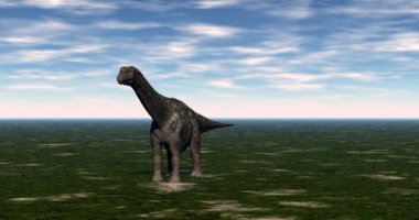 Büyük Brontosaurus, ilkel bozkırlarda tepiniyor.