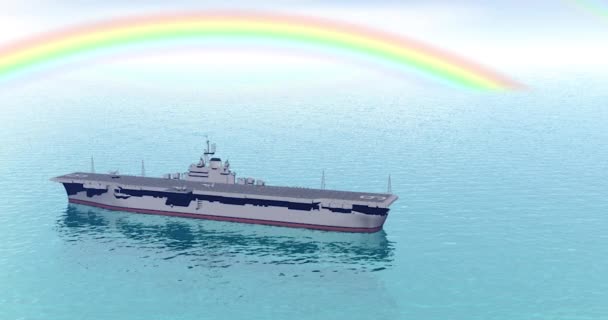 Portaaviones Cruza Mar Bajo Arco Iris — Vídeo de stock