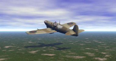 Savaş uçağı çayırların üzerinde alçaktan uçuyor.