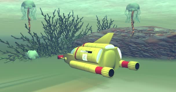 Submarino Amarelo Explora Fundo Oceano — Vídeo de Stock