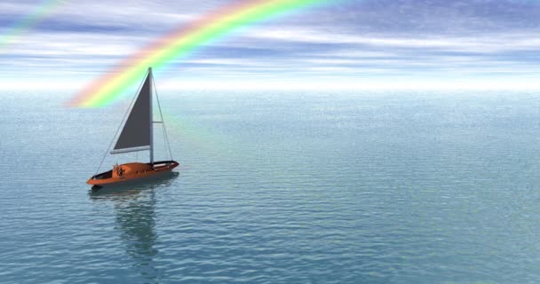 Sailboat Floats Sea Rainbow — Stock Video