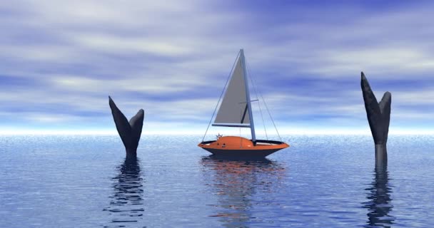 Una Barca Vela Circondata Balene — Video Stock