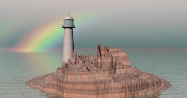 Deniz feneri sahildeki bir kayanın üzerinde duruyor.