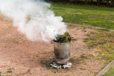 Metal bahçe yakma fırını, yanan bitkilerin dalları....