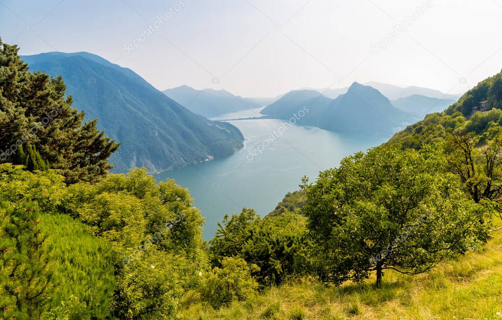 Scenic view of lake Lugano from the Monte Bre, Ticino, Switzerland