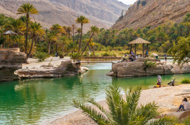 Wadi Bani Khalid, Umman - 12 Şubat 2020: Umman Sultanlığı çölündeki Wadi Bani Khalid vahasının manzarası.