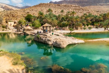 Umman Sultanlığı çölündeki Wadi Bani Khalid vahasının manzarası..