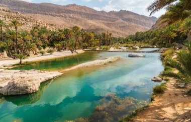 View of the Wadi Bani Khalid oasis in the desert in Sultanate of Oman.