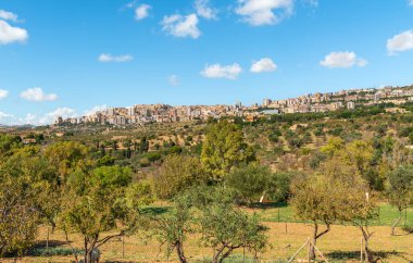 Landscape with view of Agrigento town from the Temples Valley Archaeological Park, Sicily, Italy