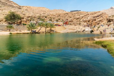 Umman Sultanlığı çölündeki Wadi Bani Khalid vahasının manzarası..