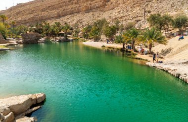 Umman Sultanlığı çölündeki Wadi Bani Khalid vahasının manzarası..