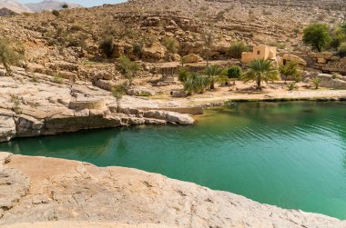 Umman Sultanlığı çölündeki Wadi Bani Khalid vahasının manzarası..