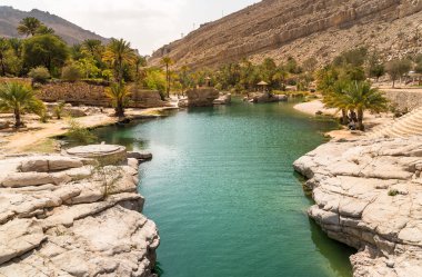 Umman Sultanlığı çölündeki Wadi Bani Khalid vahasının manzarası..