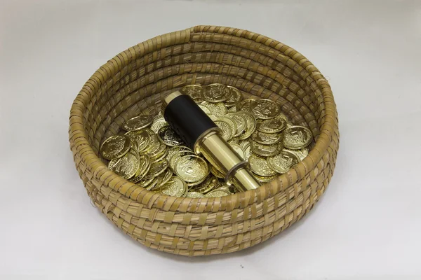 Gold coins in a basket with a telescope — Stock Photo, Image