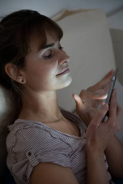 Woman Night Admiring Her Lit Smartphone Addictive Behavior — Stockfoto