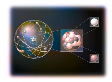 Atom made up of electrons, of the nucleus with zoom of the nucleus.